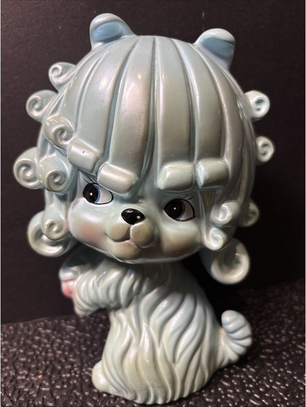 VintageMCM 1960s Bank Pearlized Blue Luster Curly Haired Poodle Dog Piggy Bank